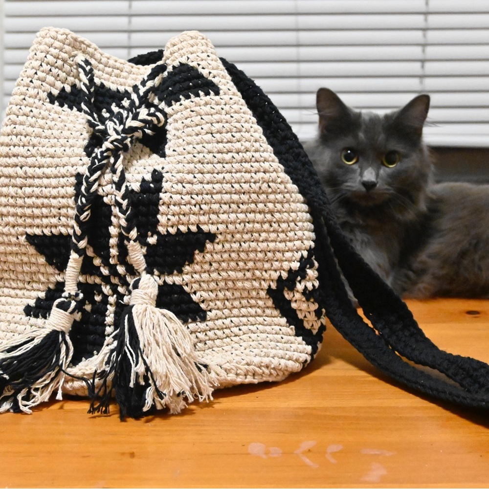 Beautiful hand made Mayan bag (from Tulum) tan and black. Cat not included :)